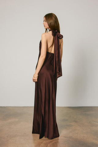 Satin Gold Trim Halter Maxi Dress