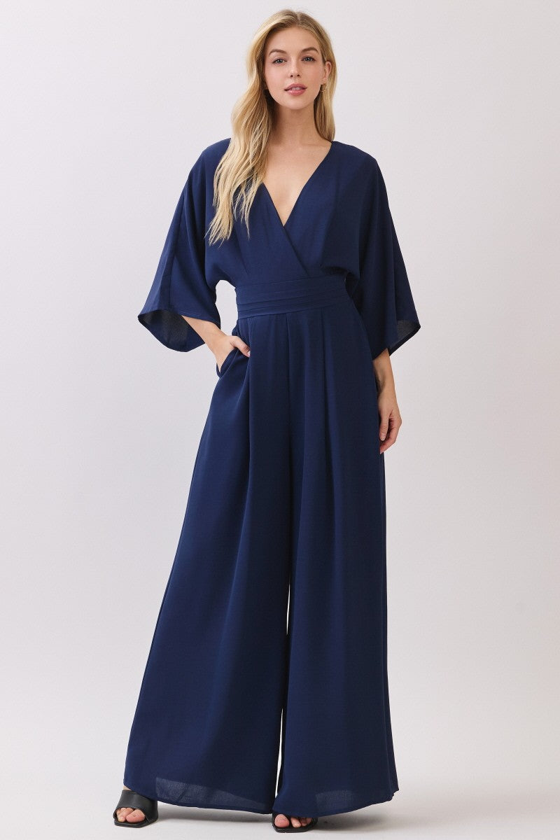 Woven Solid 3/4 Sleeve V- Neck Jumpsuit with Pocket