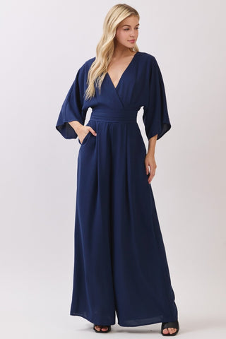 Woven Solid 3/4 Sleeve V- Neck Jumpsuit with Pocket
