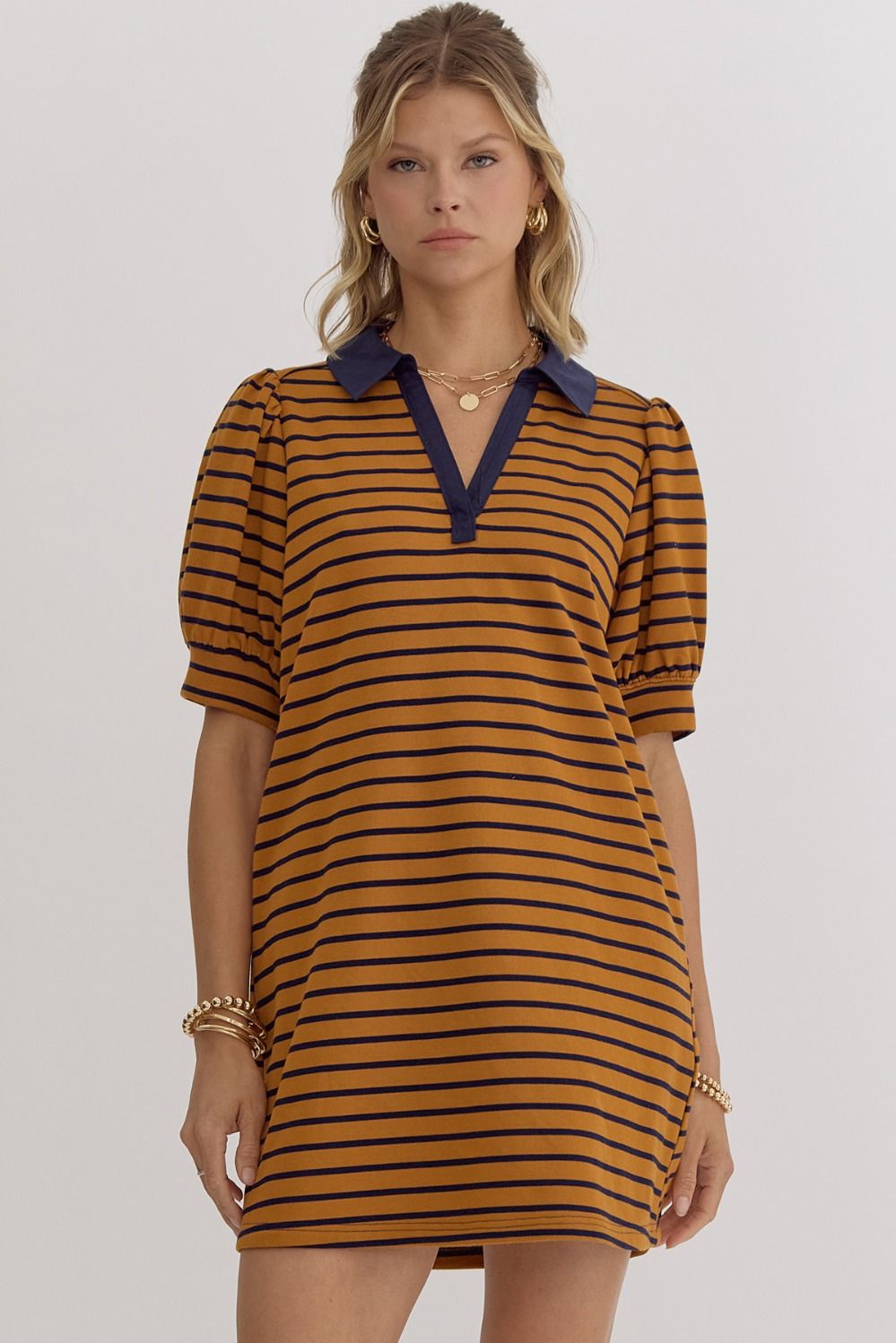 Stripe print v-neck puff sleeve collared mini dress