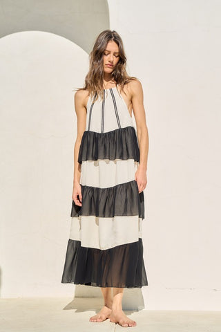 CONTRAST CHIFFON RUFFLED HALTER MAXI DRESS