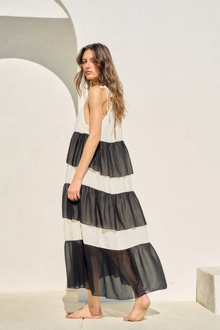 CONTRAST CHIFFON RUFFLED HALTER MAXI DRESS