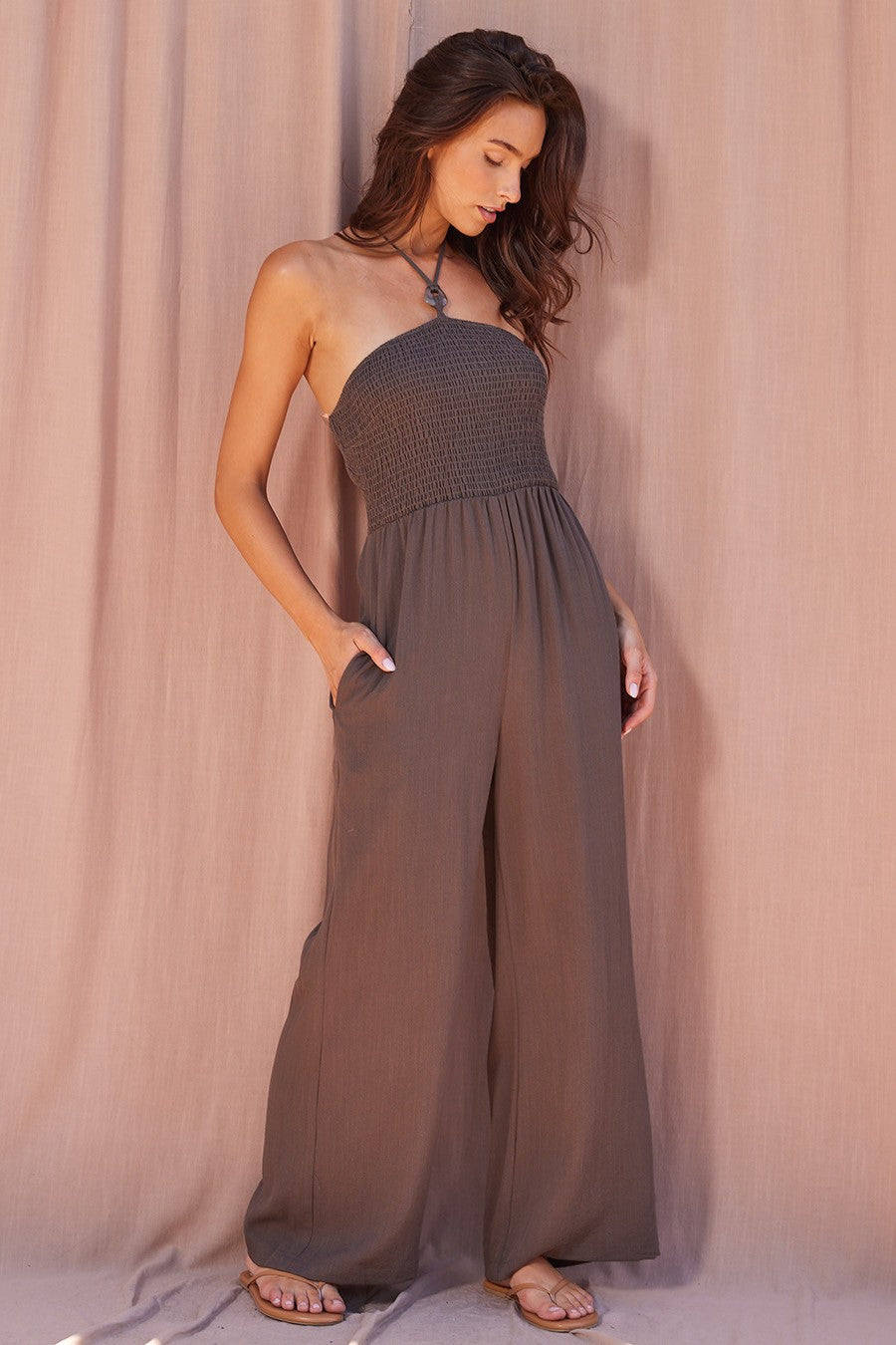 Halter Smocked Wide Leg Jumpsuit