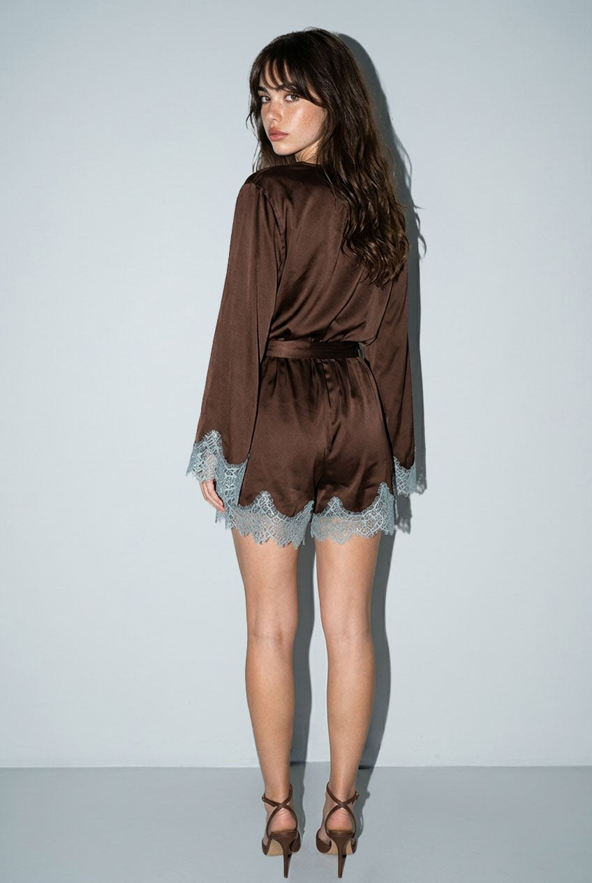 Contrast Lace Trim Satin Wrap Romper