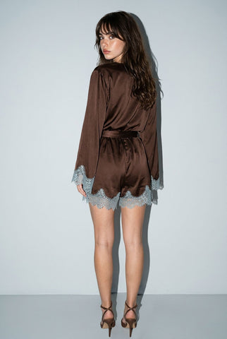 Contrast Lace Trim Satin Wrap Romper