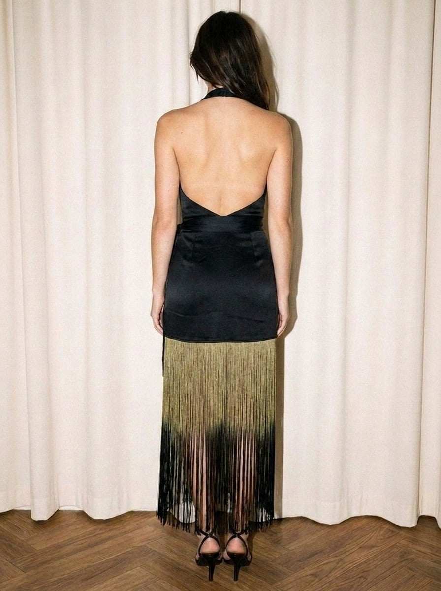 Black Satin Ombre Fringe Halter Wrap Dress