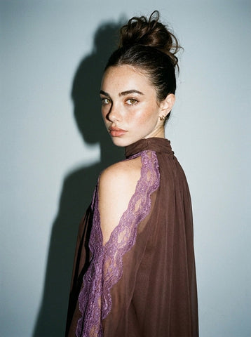 Chiffon Mini Dress With Contrast Lace Shoulder