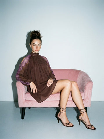 Chiffon Mini Dress With Contrast Lace Shoulder