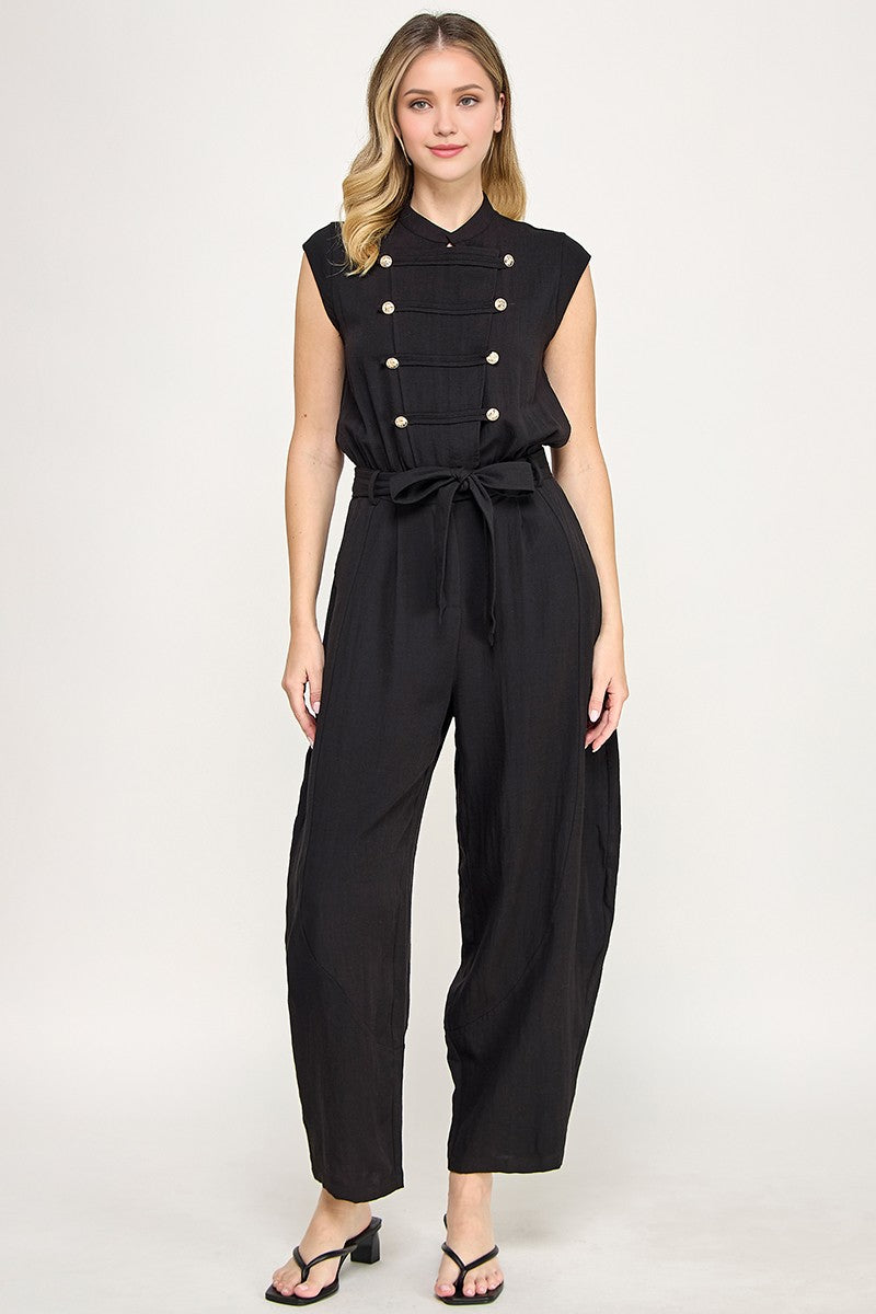 Gold Crest Button Detail Military Look Belted Jumpsuit