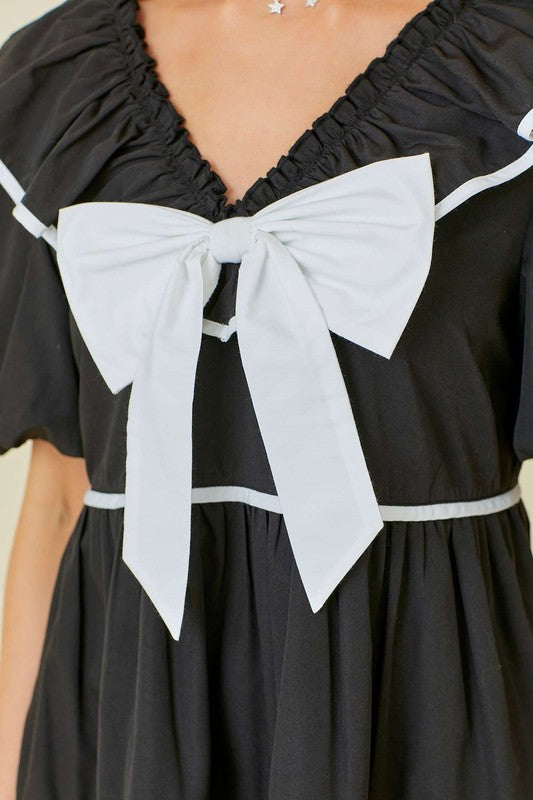 Bow Ruffle Contrast Mini Dress