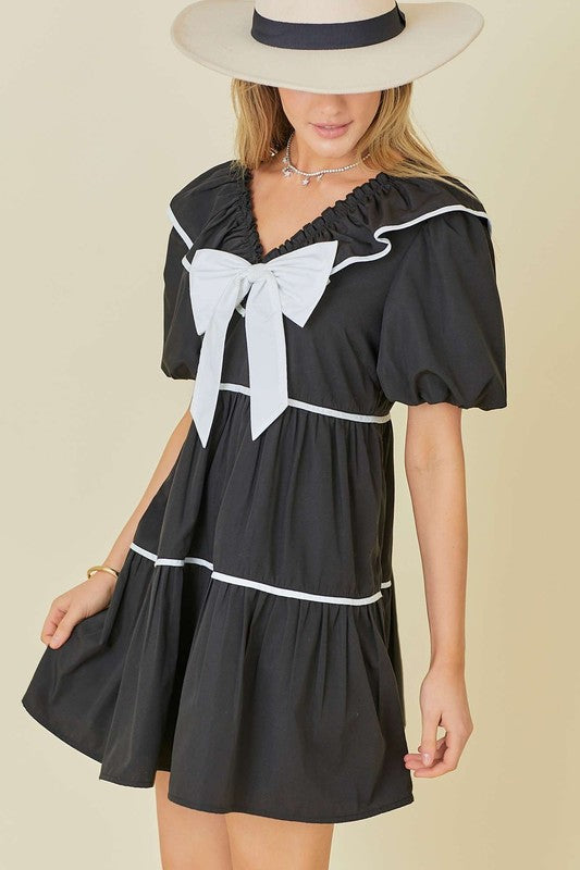 Bow Ruffle Contrast Mini Dress