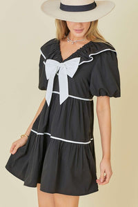 Bow Ruffle Contrast Mini Dress