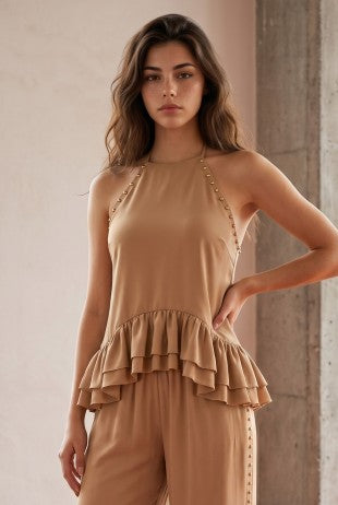 Studded Armhole Halter Woven Top