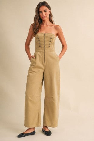 Stretch Twill Zip Front Military Detail High Waisted Barrel