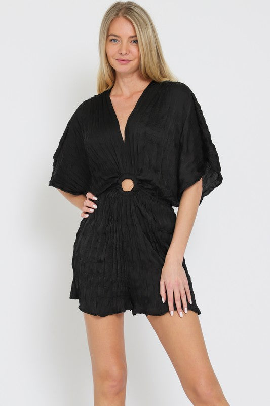 KIMONO SLEEVE CF BUCKLE TRIM PLEATED ROMPER