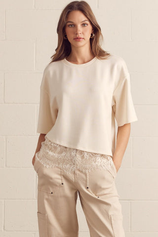 Solid short sleeve knit top featuring scallop lace hem detail