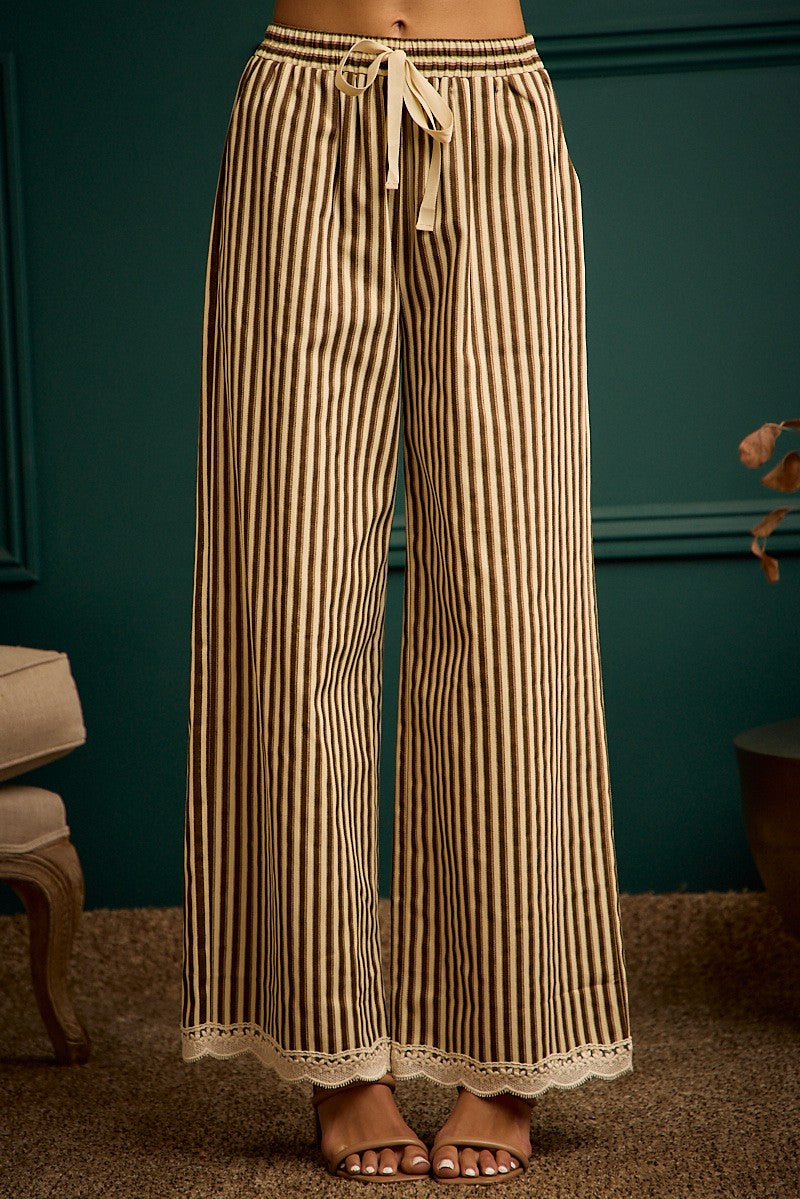 Twiill Stripe Banding Waist Lace Trim Hem Pants