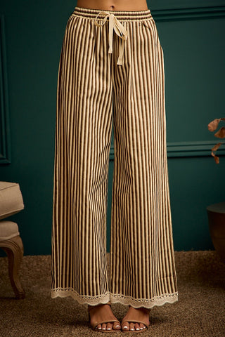 Twiill Stripe Banding Waist Lace Trim Hem Pants