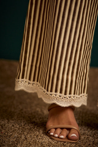 Twiill Stripe Banding Waist Lace Trim Hem Pants
