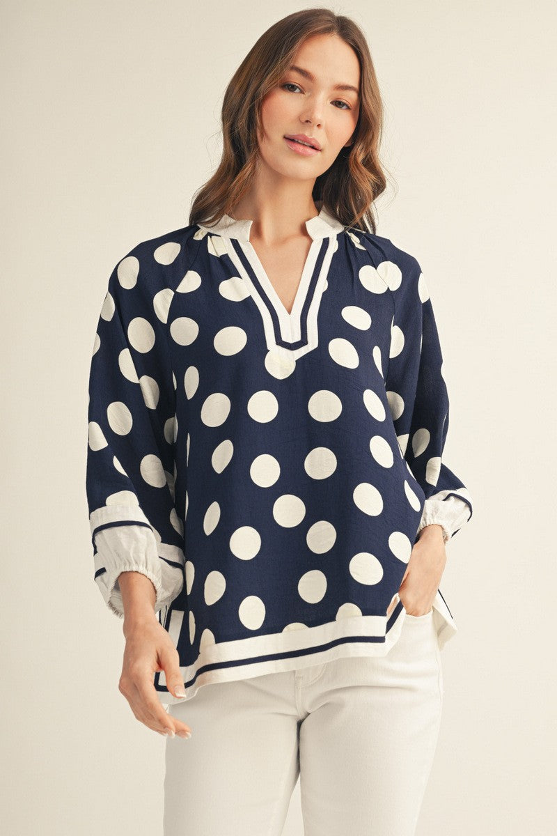 Contrast Detail Side Slit Polka Dot Top