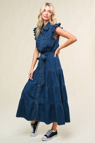 Self sash tie waist collared button down tiered washed denim midi dress