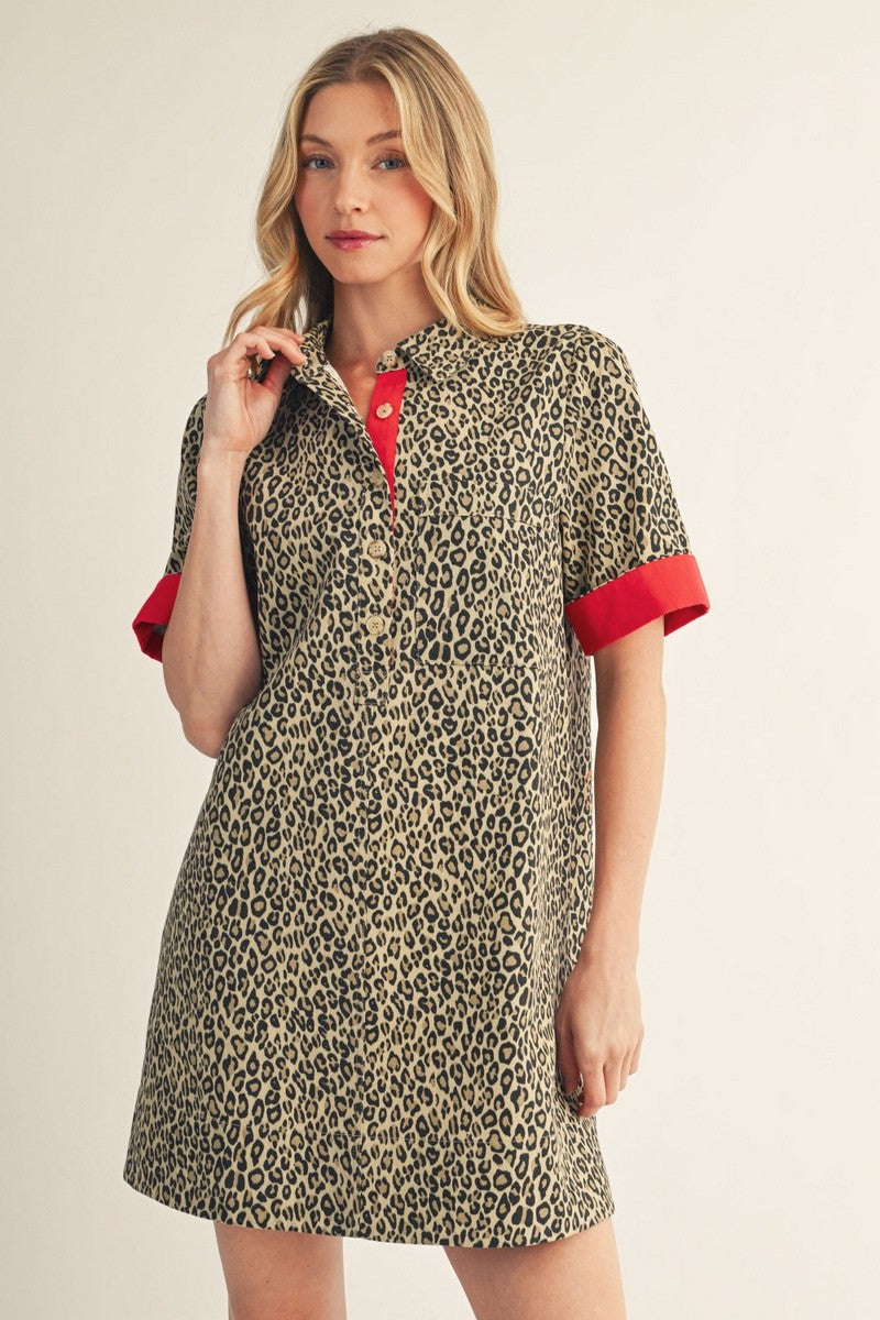 Color Contrast Accent Leopard Dress