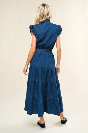 Self sash tie waist collared button down tiered washed denim midi dress