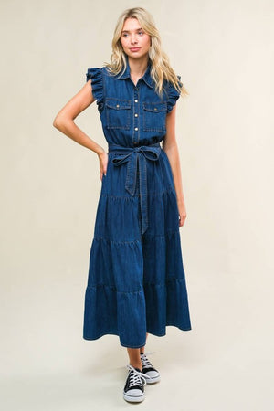 Self sash tie waist collared button down tiered washed denim midi dress