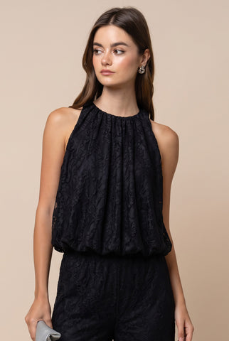 Lace Sleeveless Gathered High Neck Blouse