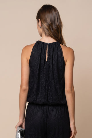 Lace Sleeveless Gathered High Neck Blouse