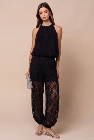 Lace Sleeveless Gathered High Neck Blouse