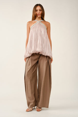 Sequin Criss-cross Pleated Bubble Blouse