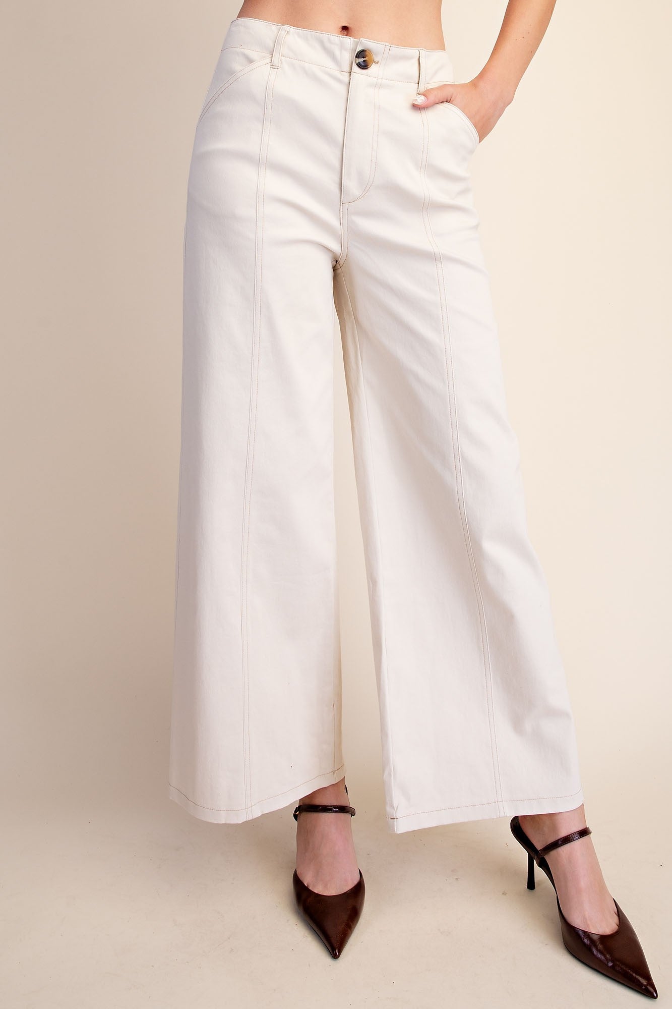 High Rise Stitch Seamed Stretch Wide Leg Pants