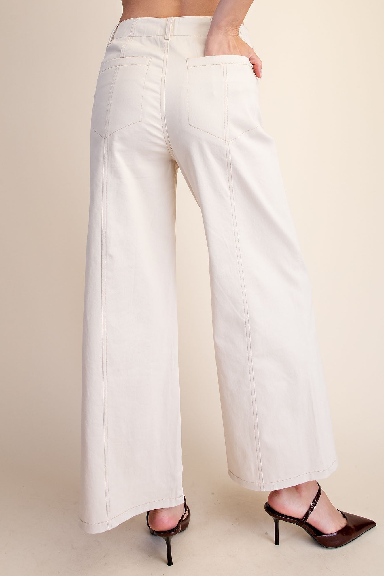 High Rise Stitch Seamed Stretch Wide Leg Pants