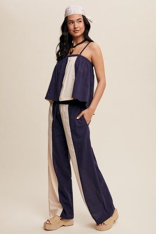 Striped Flowy Tank with Braided Strap Wide Leg Set