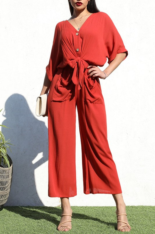 KNOT FRT WOVEN JUMPSUIT