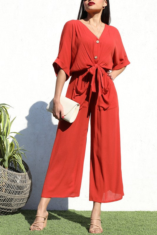 KNOT FRT WOVEN JUMPSUIT