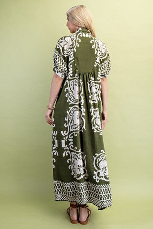 Mixed Print Short Puff Sleeve Midi Dress