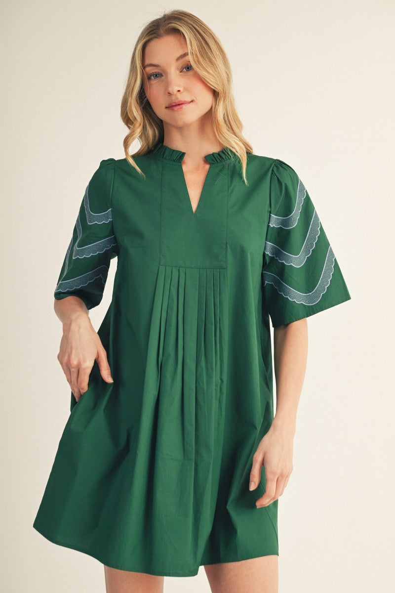 Embroidered Sleeves Pleat Detail Woven Dress