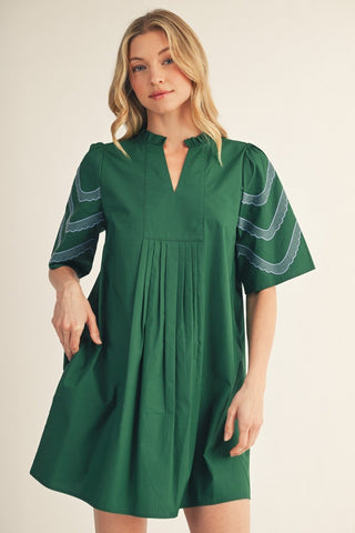 Embroidered Sleeves Pleat Detail Woven Dress