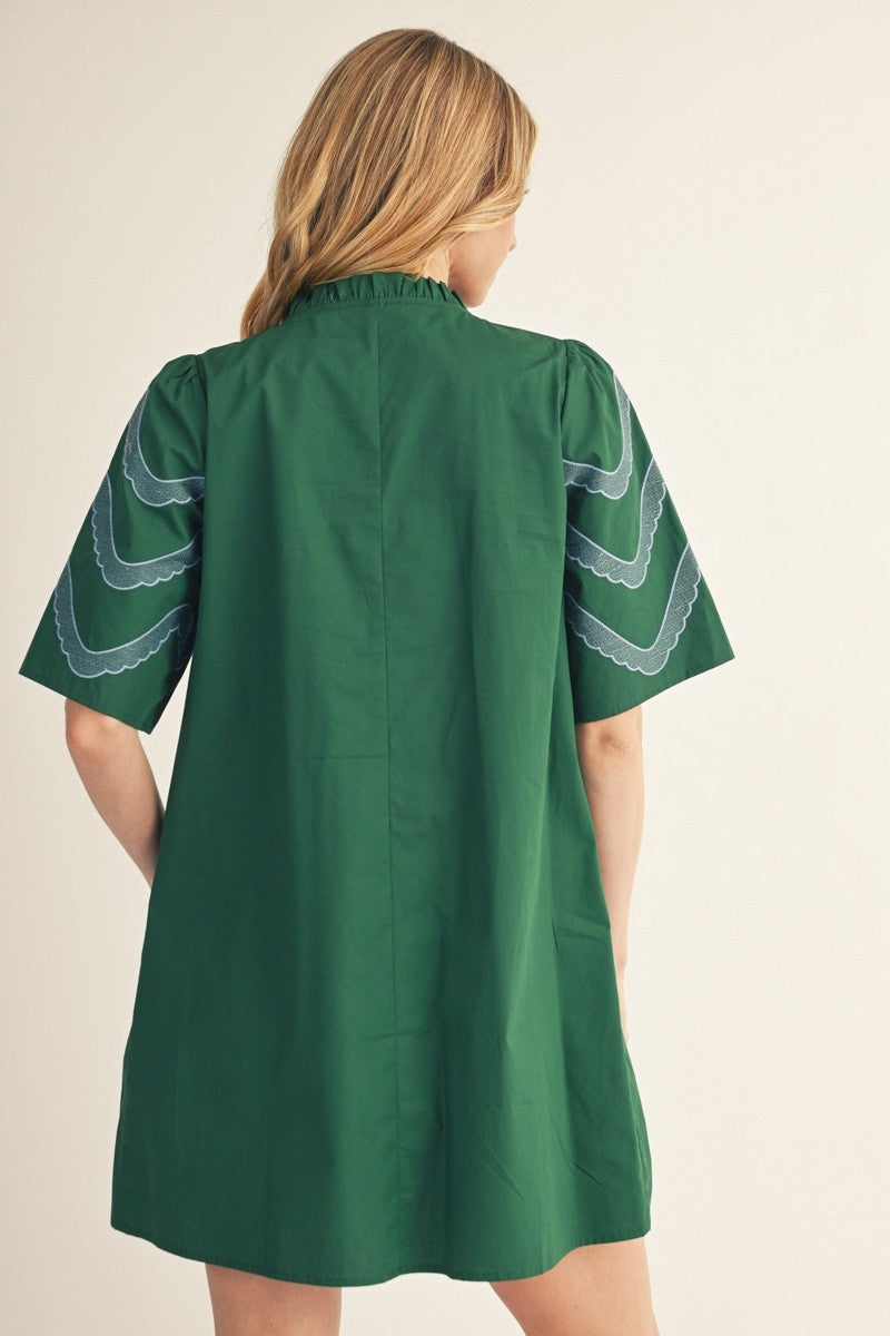 Embroidered Sleeves Pleat Detail Woven Dress