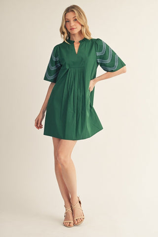 Embroidered Sleeves Pleat Detail Woven Dress