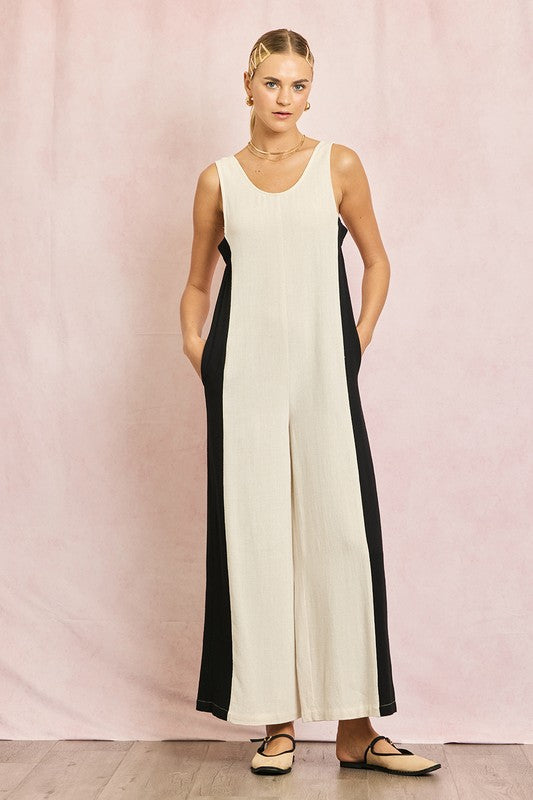 Linen Contrast Side Jumpsuit