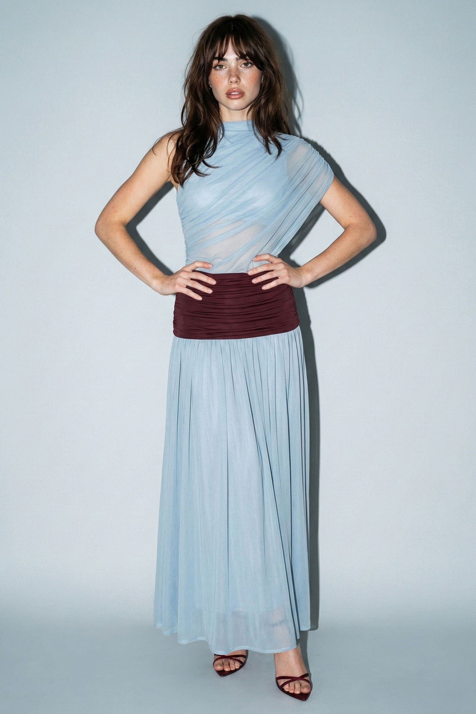 Colorblock Mesh Maxi Dress With Contrast Waist