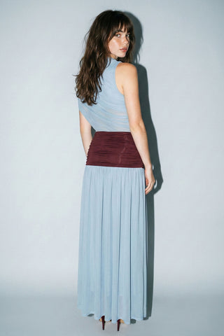 Colorblock Mesh Maxi Dress With Contrast Waist
