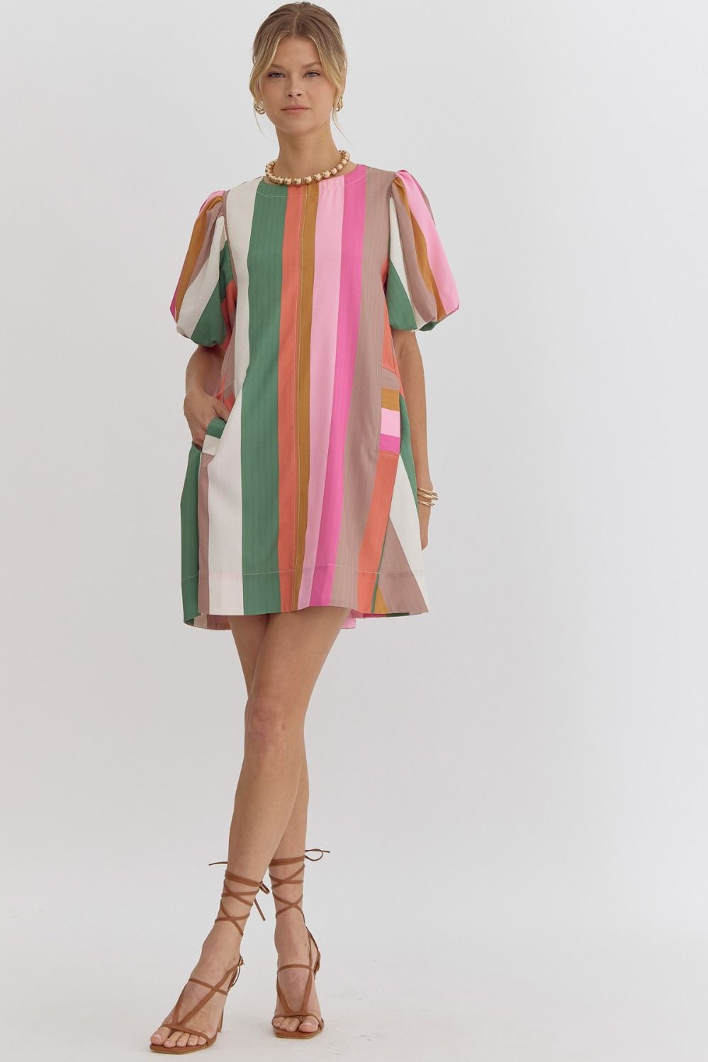 Multicolor striped round neck bubble sleeve mini dress