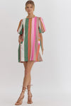 Multicolor striped round neck bubble sleeve mini dress