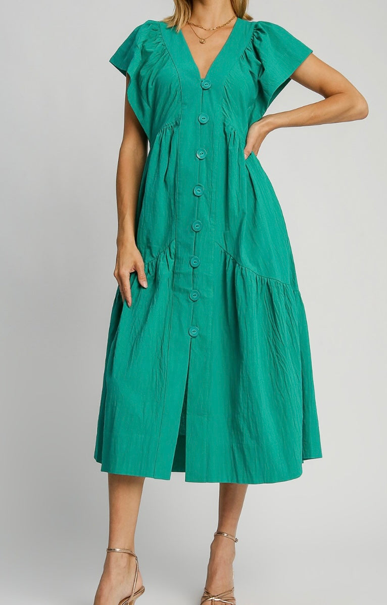 V-Neck Button Down Midi Dress