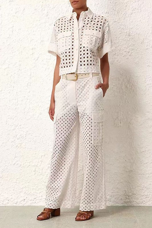 Cutouts Embellished Shirt and Pants Set