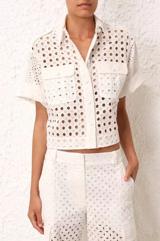 Cutouts Embellished Shirt and Pants Set